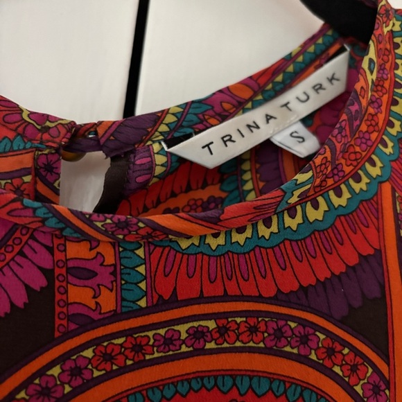 Trina Turk 3/4 Sleeve Shirt Small Abstract Floral 100% Silk Retro 70s 90s Club - Picture 8 of 13